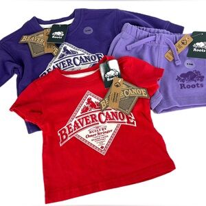 Roots Beaver Canoe Infants Gift Lot size 3-6 mos Purple bonus red Tee sz 0-3 mos